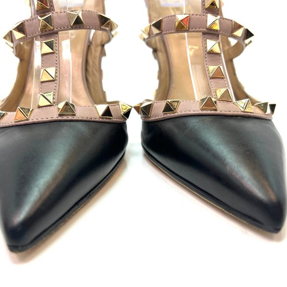 Valentino Garavani Rockstud Studded Black Beige Leather Pumps 38 - Picture 3 of 7